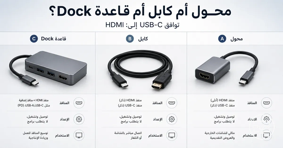 مقارنة توافق USB-C إلى HDMI بين المحول والكابل والموزع وقاعدة التوصيل بحسب الشكل والاستخدام