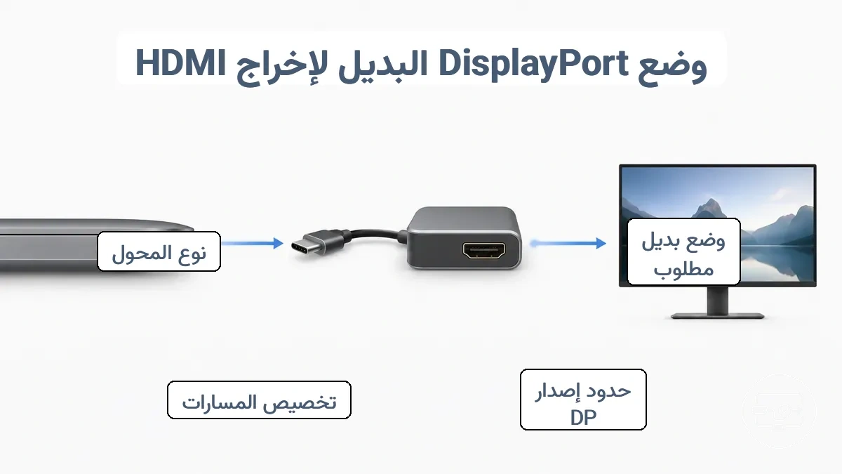 رسم يوضح مسار DisplayPort Alt Mode من منفذ USB-C وتحويله إلى HDMI للشاشة