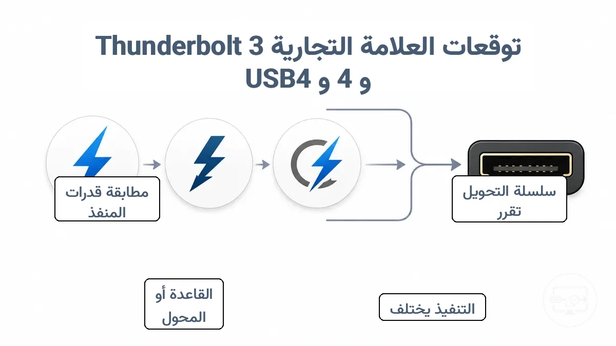 مقارنة بين دلالات Thunderbolt 3 وThunderbolt 4 وUSB4 لإخراج HDMI مع ضرورة التحقق من سلسلة التحويل.