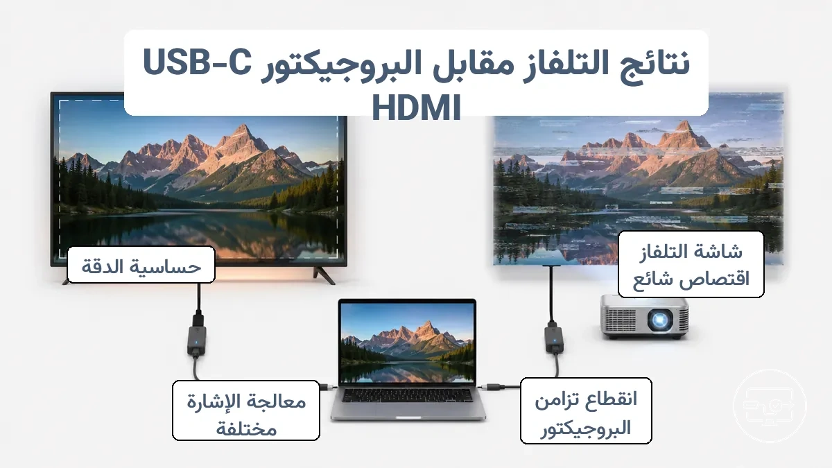 مخطط يقارن معالجة التلفاز وجهاز العرض لإشارات USB-C إلى HDMI ويبين المسح الزائد وفقدان المزامنة المحتملين