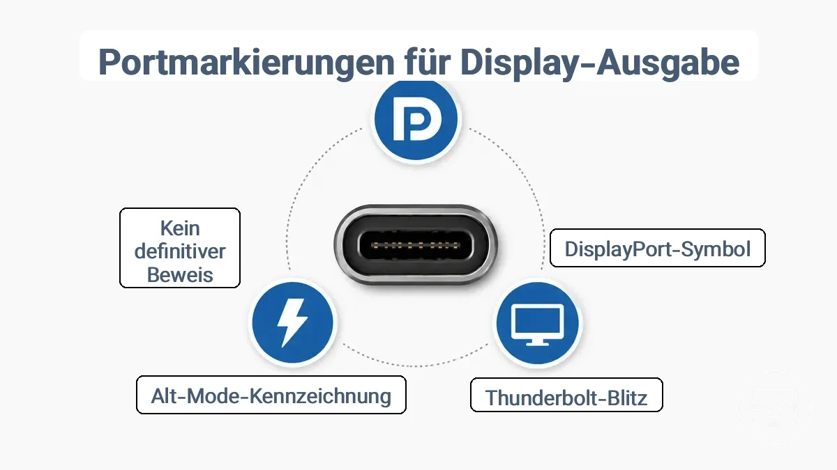 Häufige USB-C-Anschlusssymbole einschließlich DisplayPort, Thunderbolt und Monitorsymbole zur Identifikation beschriftet