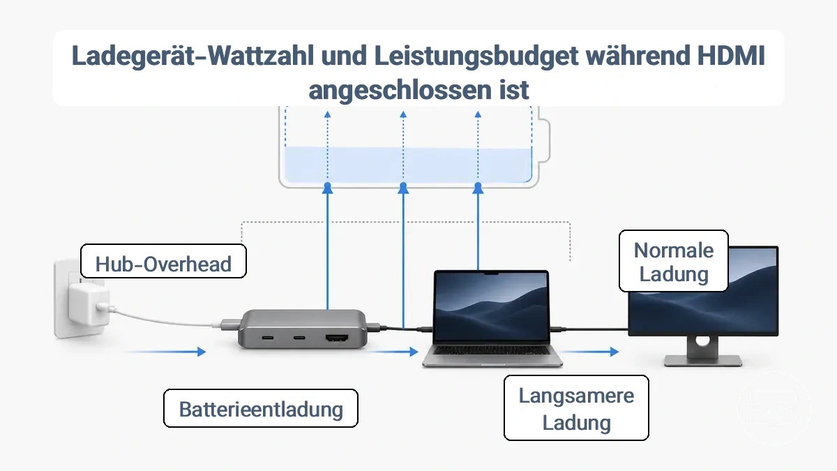 Schema zum USB‑C-Leistungsbudget mit Hub-Eigenbedarf, angeschlossener Last und verbleibender Ladeleistung
