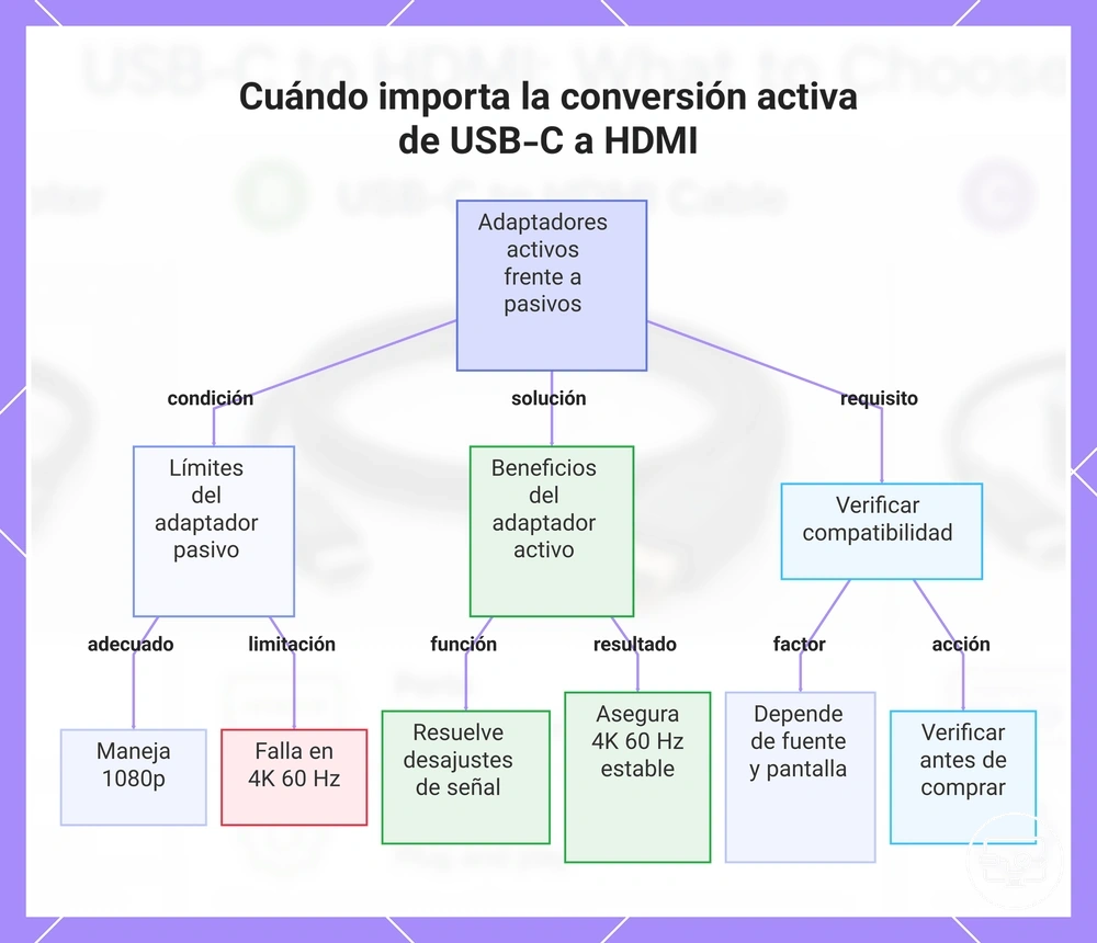 Esquema de conversión de señal en adaptadores USB-C a HDMI y criterios que deben verificarse