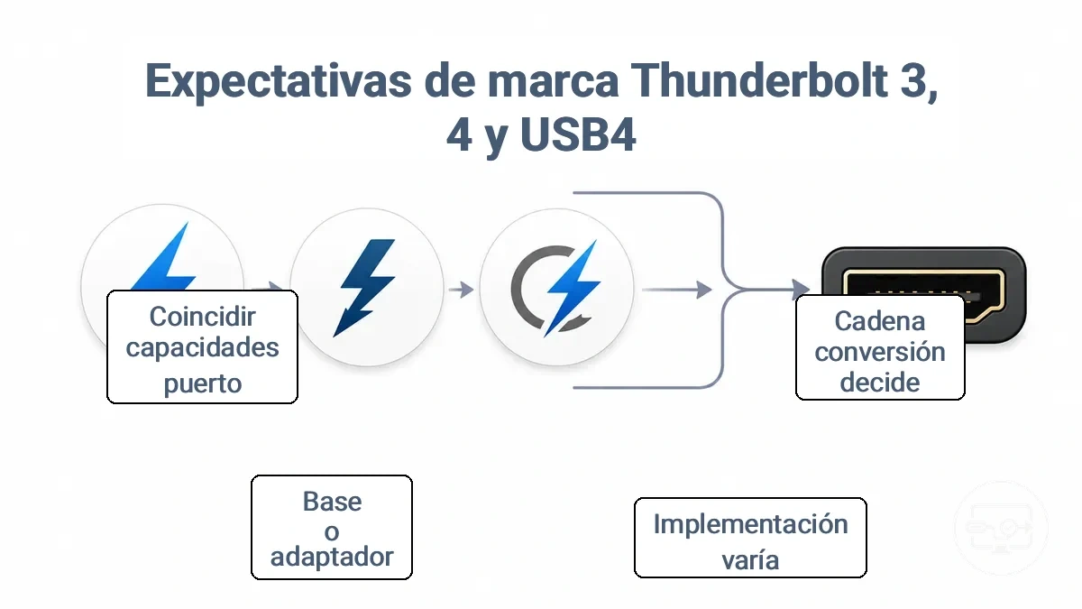 Comparación de las expectativas de marca Thunderbolt 3, Thunderbolt 4 y USB4 para salida HDMI, destacando la necesidad de verificar la cadena de conversión.