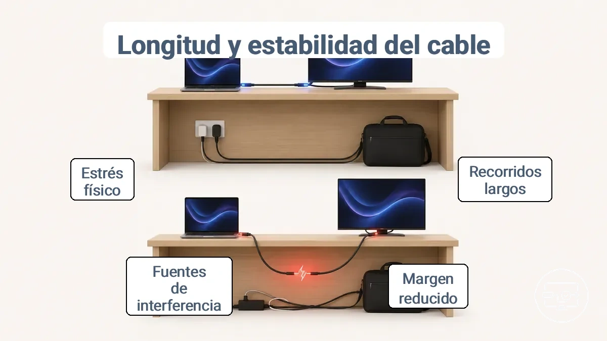 Ilustración que compara recorridos de cable USB-C a HDMI cortos y largos y cómo el recorrido y la interferencia pueden afectar la estabilidad