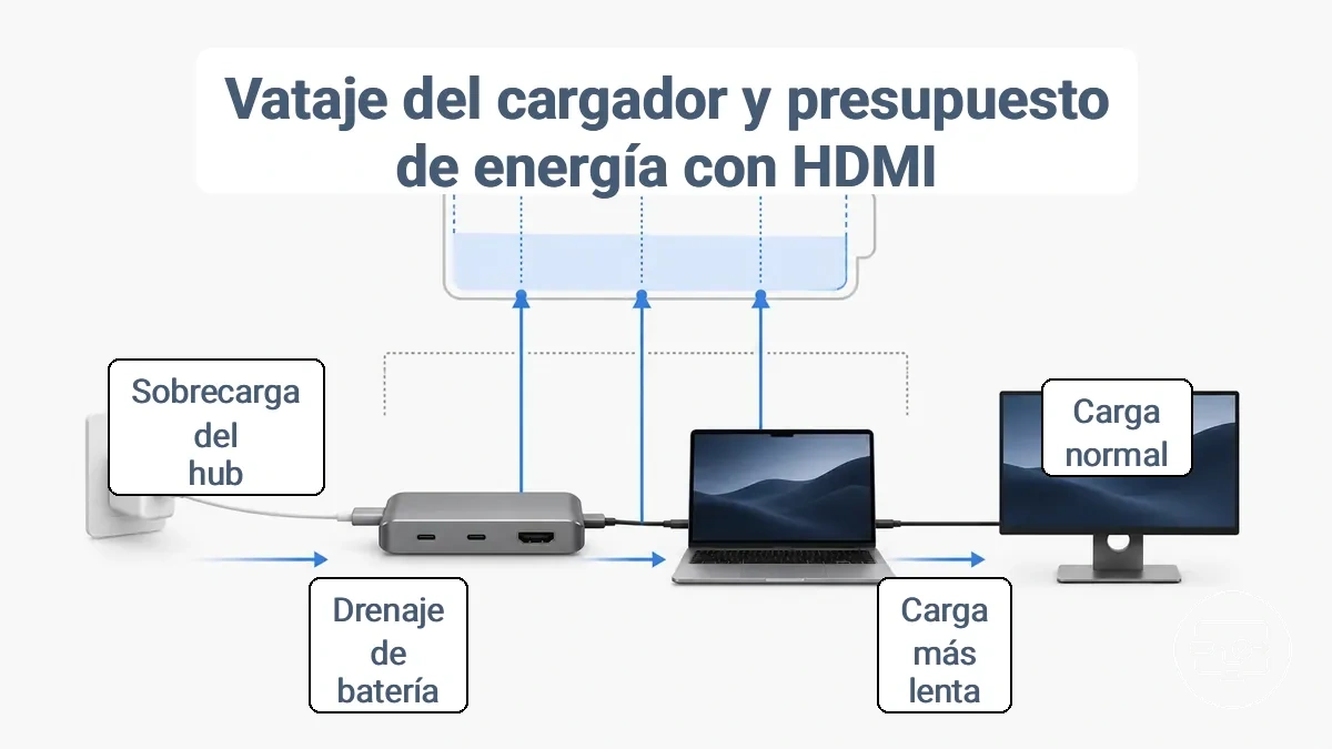 Diagrama del presupuesto de energía entre cargador, concentrador, periféricos y dispositivo host durante el uso de HDMI