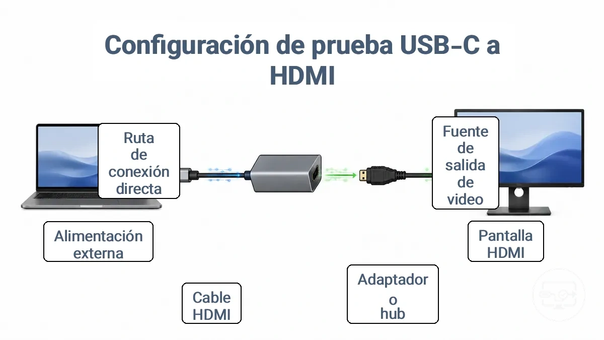 Diagrama de un dispositivo USB-C conectado mediante un adaptador y un cable HDMI a un monitor, que muestra la cadena de señal de prueba.