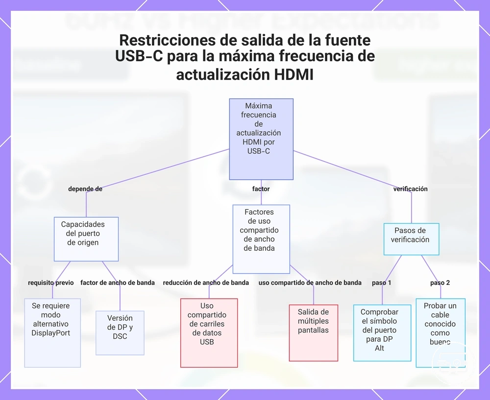 Restricciones de salida de la fuente USB-C para la máxima tasa de refresco HDMI