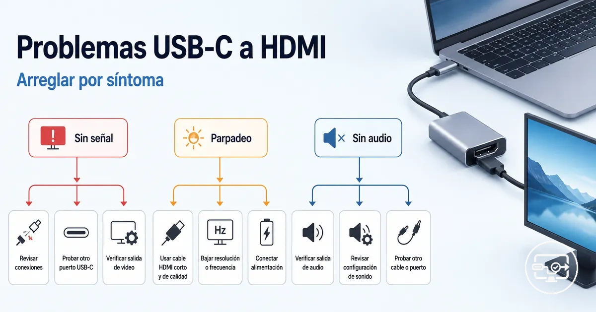 Flujo de solución de problemas USB-C a HDMI por síntomas como sin señal o parpadeo