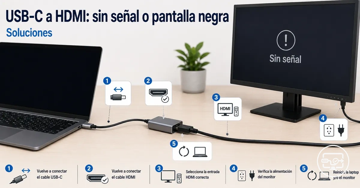 Soluciones para USB-C a HDMI sin señal con comprobaciones de conexión en pantalla