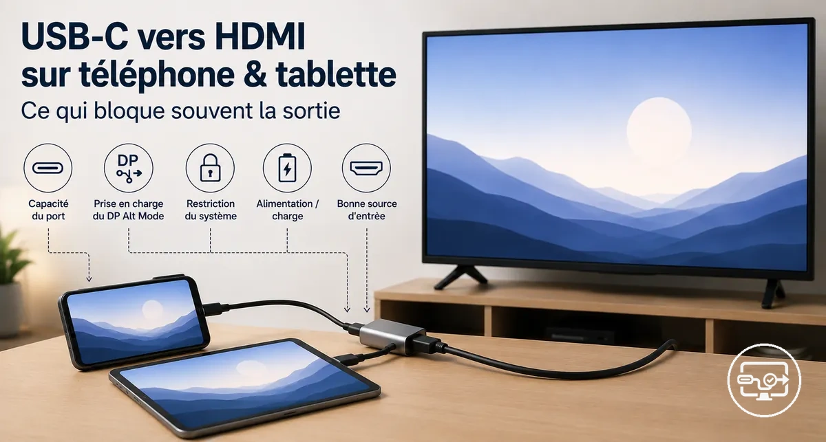 Téléphone ou tablette relié à un téléviseur ou un moniteur via USB-C vers HDMI
