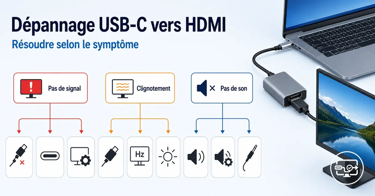 Arborescence de dépannage USB-C vers HDMI par symptôme (pas de signal, scintillement, etc.)
