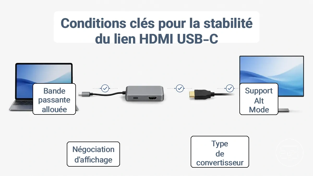 Schéma de la chaîne USB-C vers HDMI : source avec sortie vidéo, adaptateur ou concentrateur, câble HDMI et écran, avec points de vérification de compatibilité