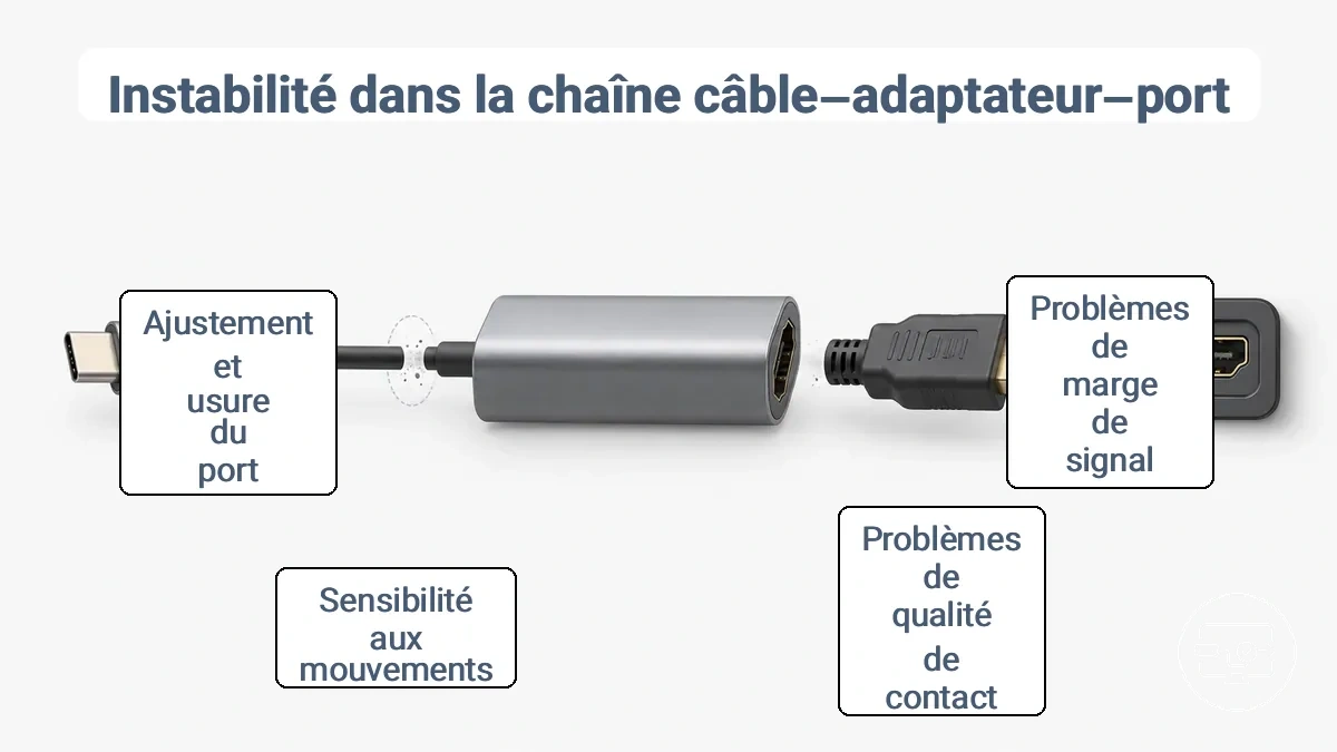 Diagramme de la chaîne câble–adaptateur–port USB-C vers HDMI montrant les points d’instabilité liés à la marge et au contact