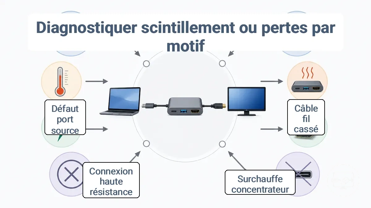 Carte de diagnostic reliant clignotements et coupures à des déclencheurs comme le mouvement, la chaleur ou les changements d’alimentation, puis aux éléments de la chaîne USB-C vers HDMI à vérifier