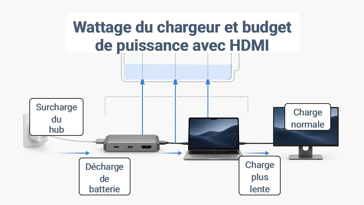 Schéma illustratif du budget d’alimentation entre chargeur, hub, périphériques et appareil hôte