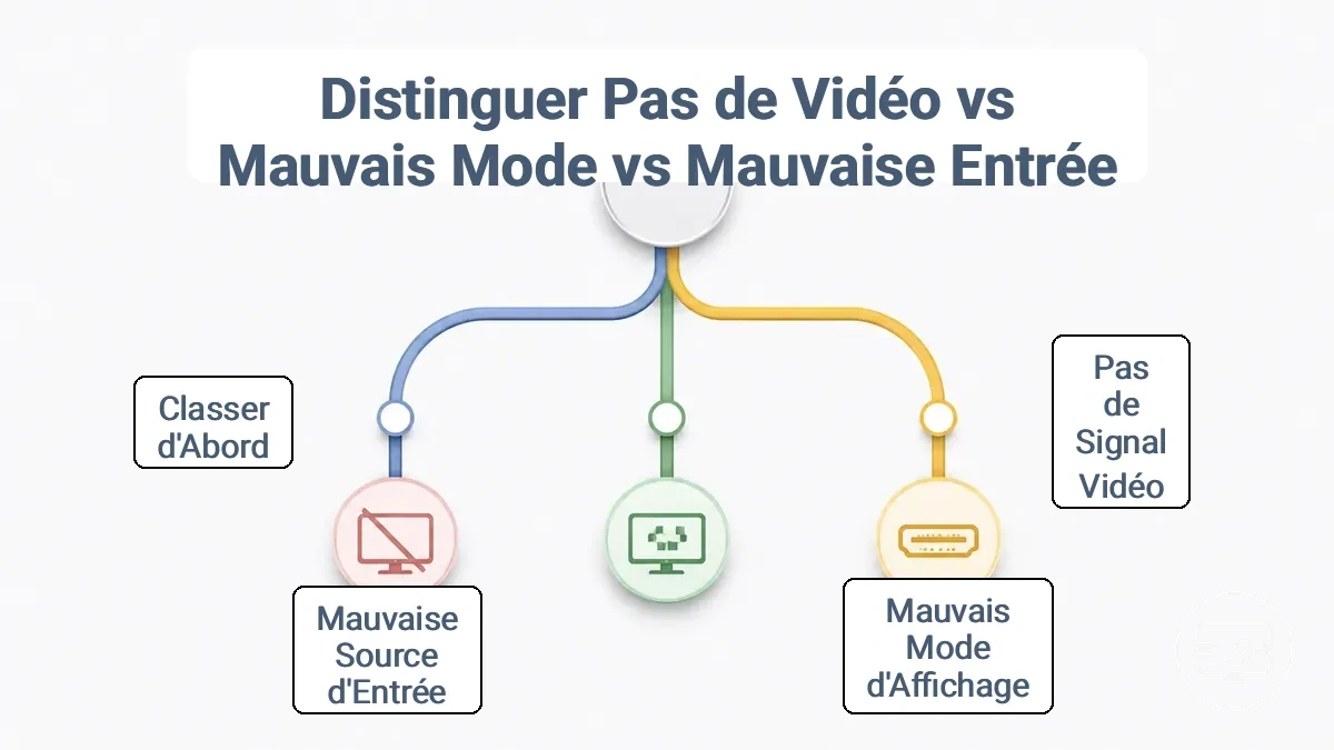 Arbre de décision pour séparer sortie vidéo absente, mauvais mode d’affichage et mauvaise entrée HDMI