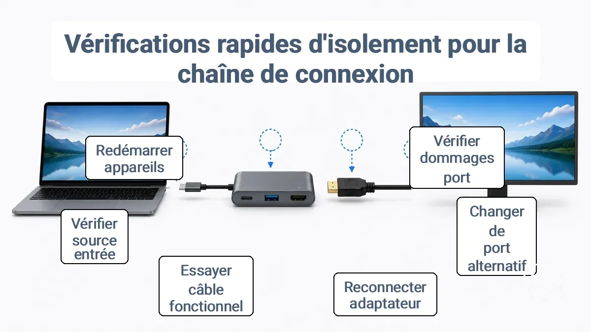 Chaîne physique USB-C vers adaptateur, câble HDMI et écran avec points de contrôle pour l’isolement