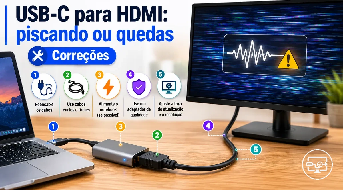 Correções para cintilação ou quedas de sinal em USB-C para HDMI, com foco na estabilidade da cadeia de vídeo