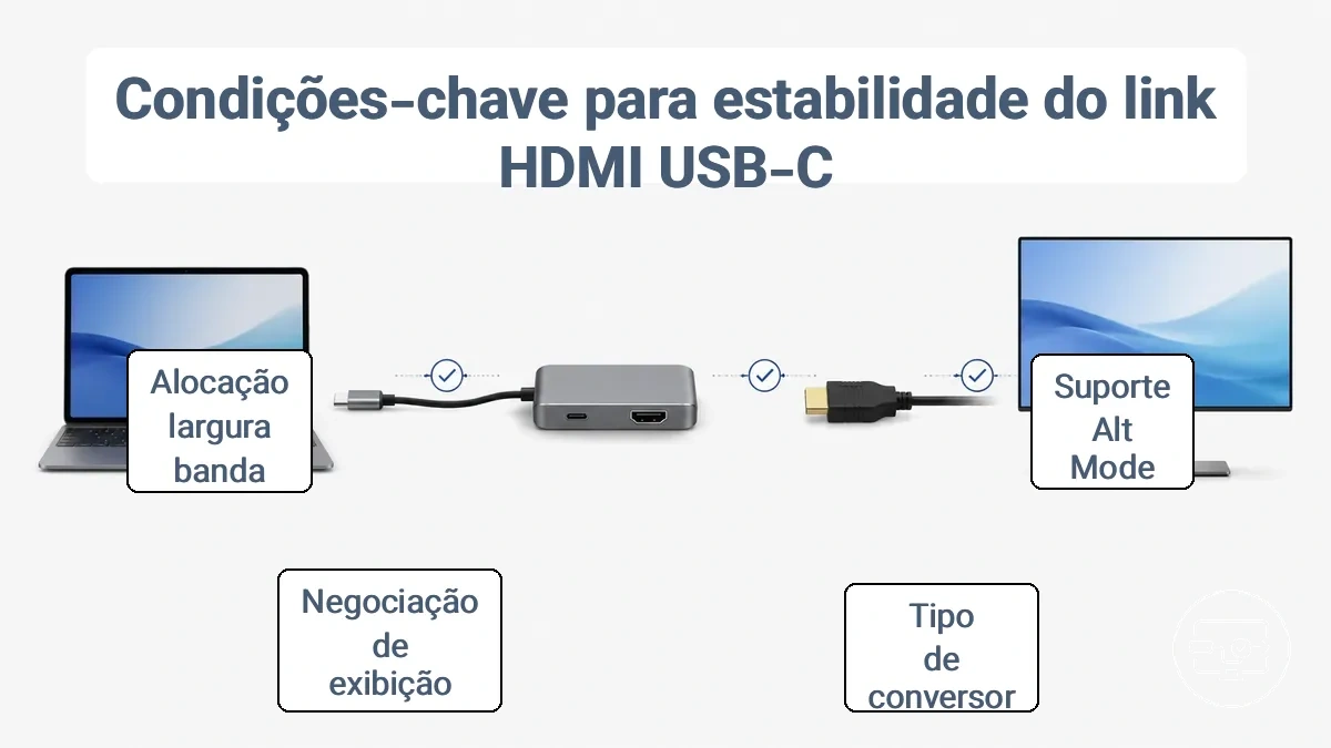 Diagrama anotado da cadeia USB-C para HDMI: dispositivo de origem com Modo Alternativo, adaptador conversor, cabo HDMI e monitor, com pontos de verificação de compatibilidade em cada estágio.