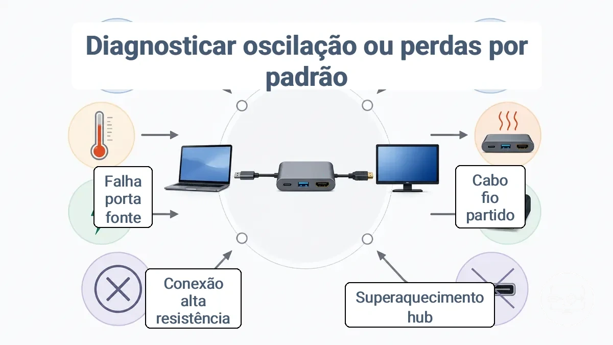 Mapa anotado de sintoma para causa mostrando condições de gatilho (movimento, calor, eventos de energia) apontando para o elo provável com falha (cabo, conector, hub) para cintilação e quedas.