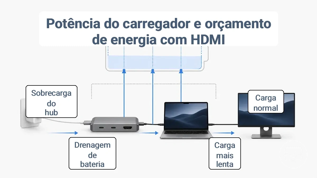 Diagrama do orçamento de energia entre carregador USB-C PD, consumo do hub, periféricos e potência disponível ao host