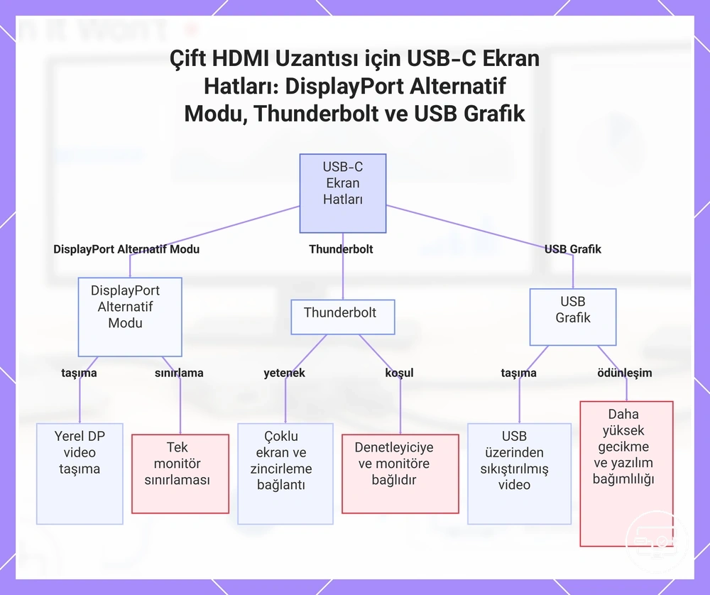 Çift HDMI genişletme için USB-C görüntü yolları: DisplayPort Alt Modu, Thunderbolt ve USB grafikleri