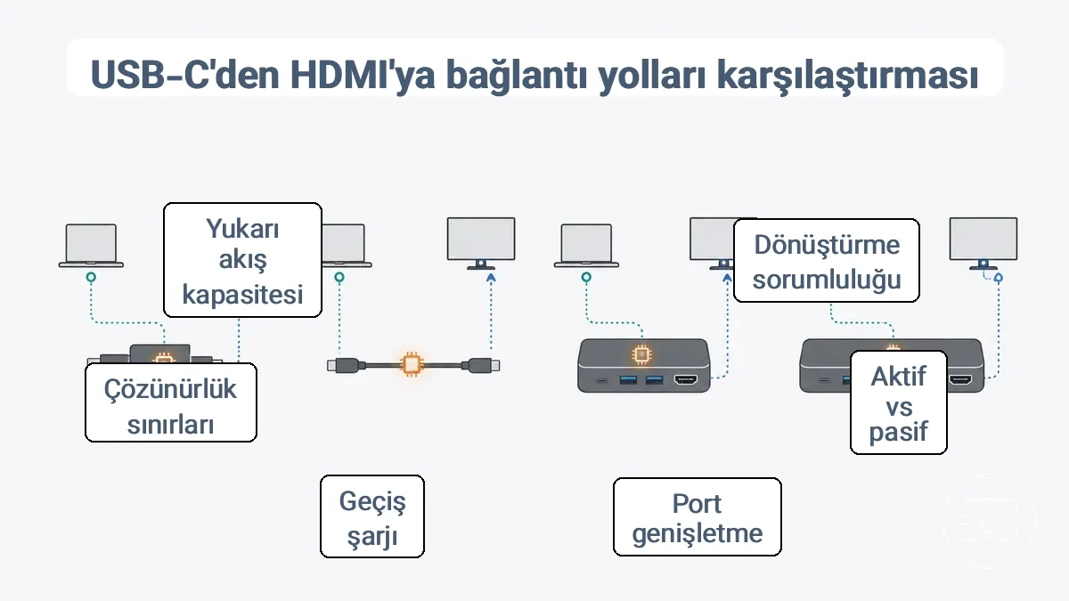 HDMI bağlantı yolları olarak adaptörler, kablolar, hub'lar ve dock'lar