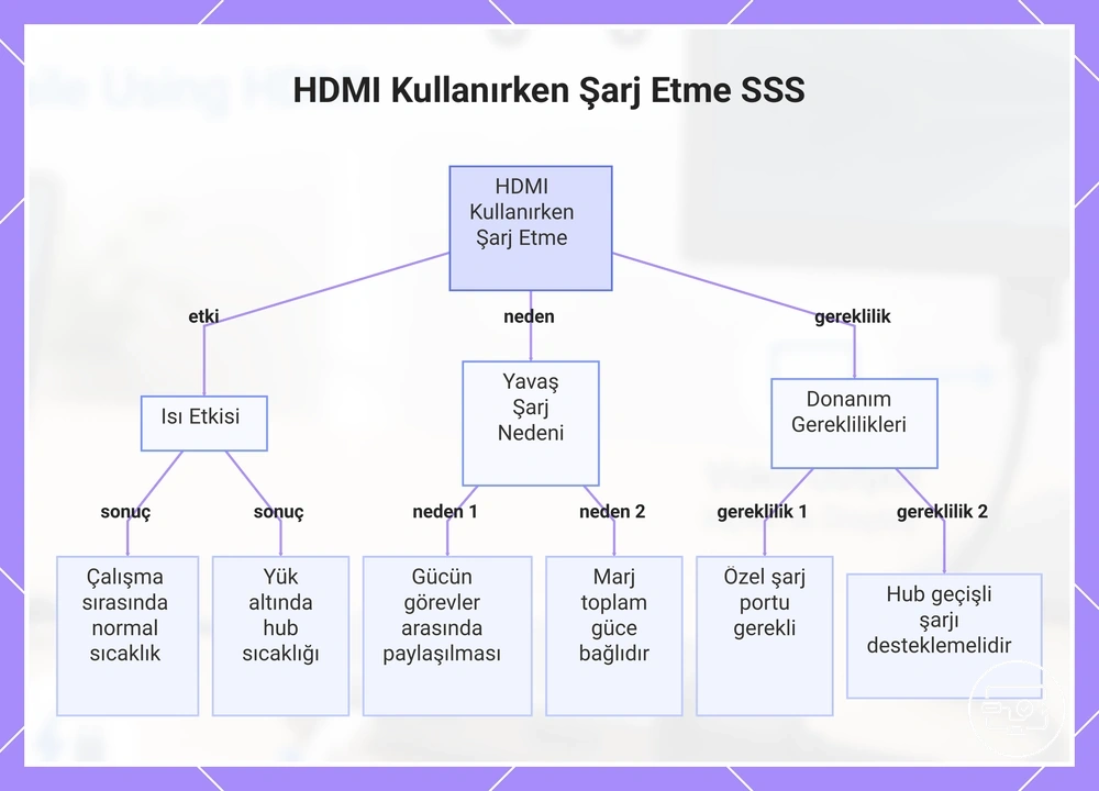 HDMI kullanırken USB-C Power Delivery şarjı için ısı, güç ve uyumluluk sorularını özetleyen görsel