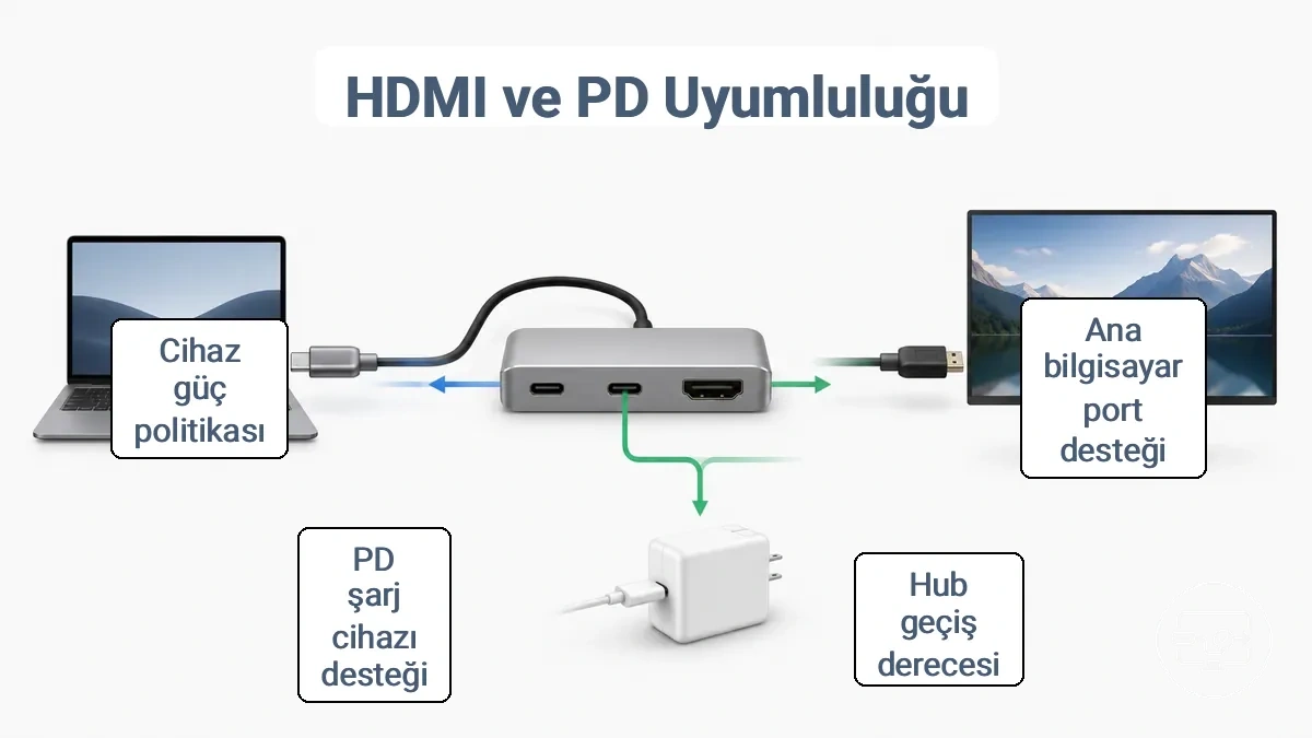 HDMI çıkışı ve USB Power Delivery şarj geçişi için ana cihaz, hub ve güç kaynağı gereksinimleri