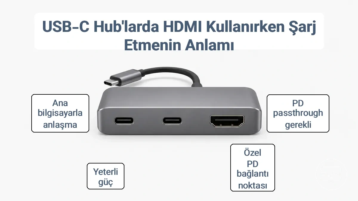 USB-C hub üzerinde HDMI çıkışı ile PD şarj girişinin farklı bağlantı yollarını gösteren şema