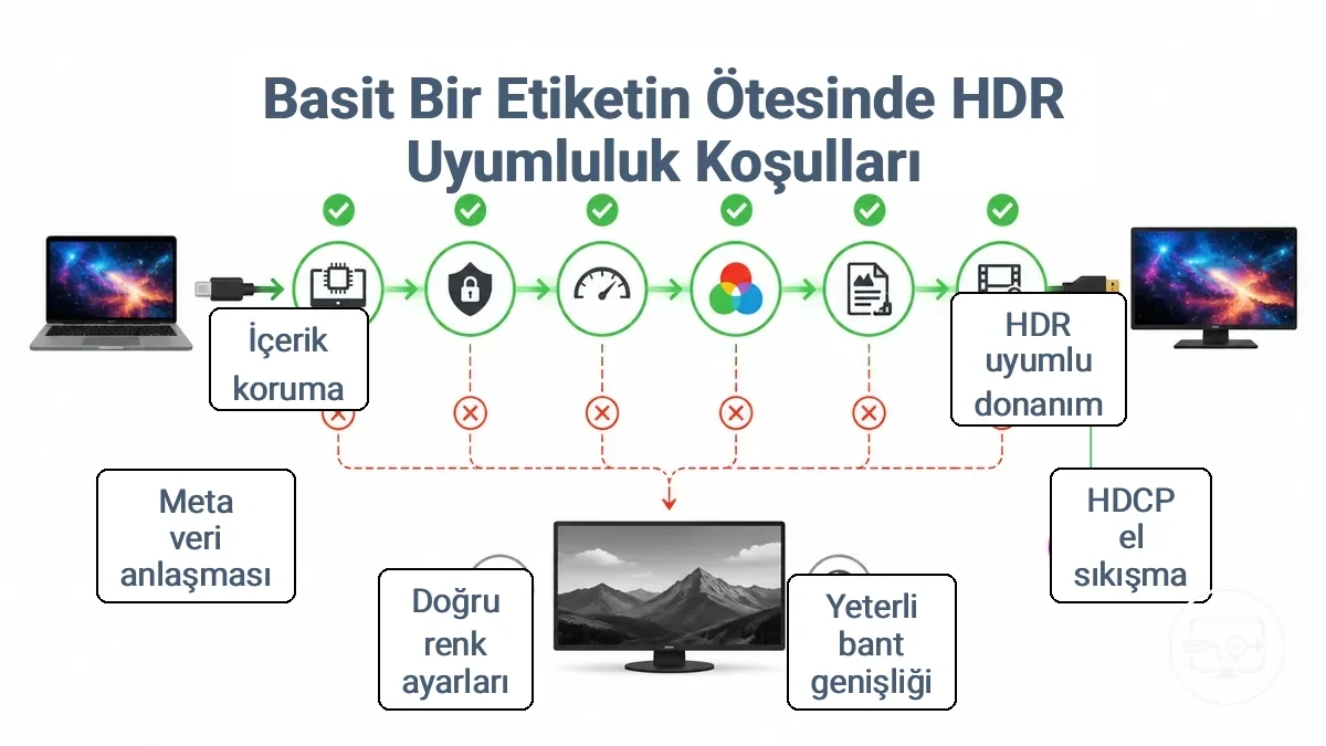 HDR uyumluluğu için kaynak, bağlantı, renk biçimi, ekran ve korumalı içerik koşulları