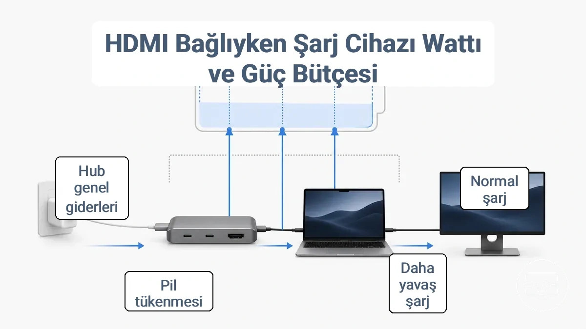 HDMI kullanımı sırasında USB-C hub üzerinden PD güç bütçesini örnekleyen diyagram