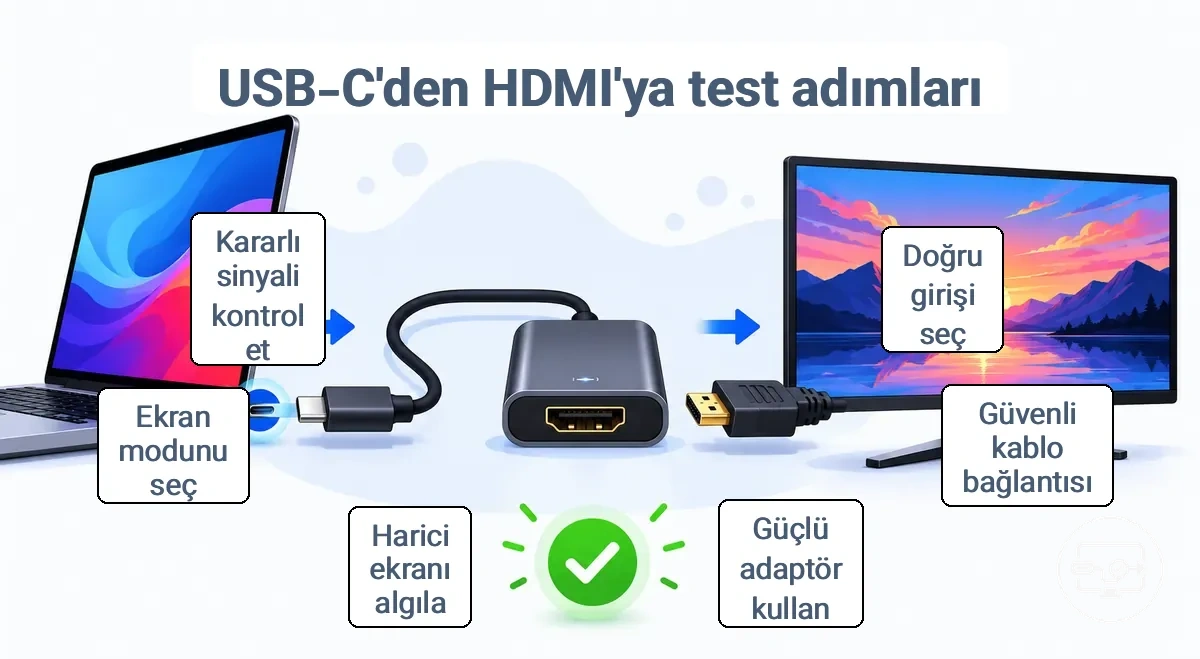 USB-C’den HDMI’ye adım adım test akışını gösteren bağlantı diyagramı