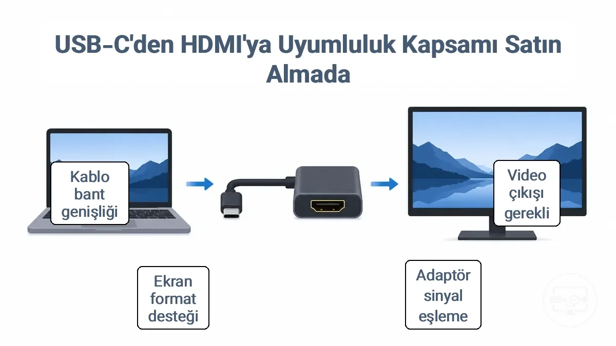 USB-C’den HDMI’ye satın alma uyumluluğunu oluşturan kaynak, adaptör ve ekran zinciri