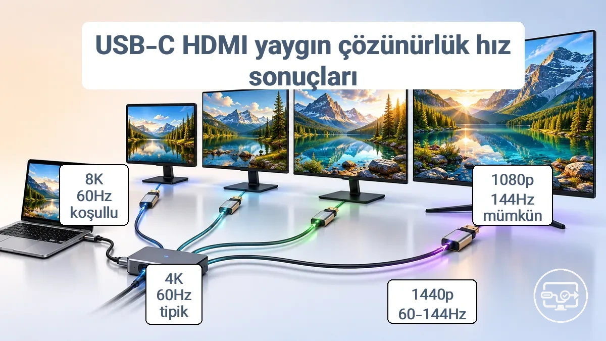 USB-C’den HDMI’ye yaygın çözünürlük ve yenileme hızı sonuçları